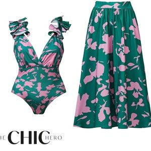 Brand New Green and Pink One Piece Swimsuit and Skirt